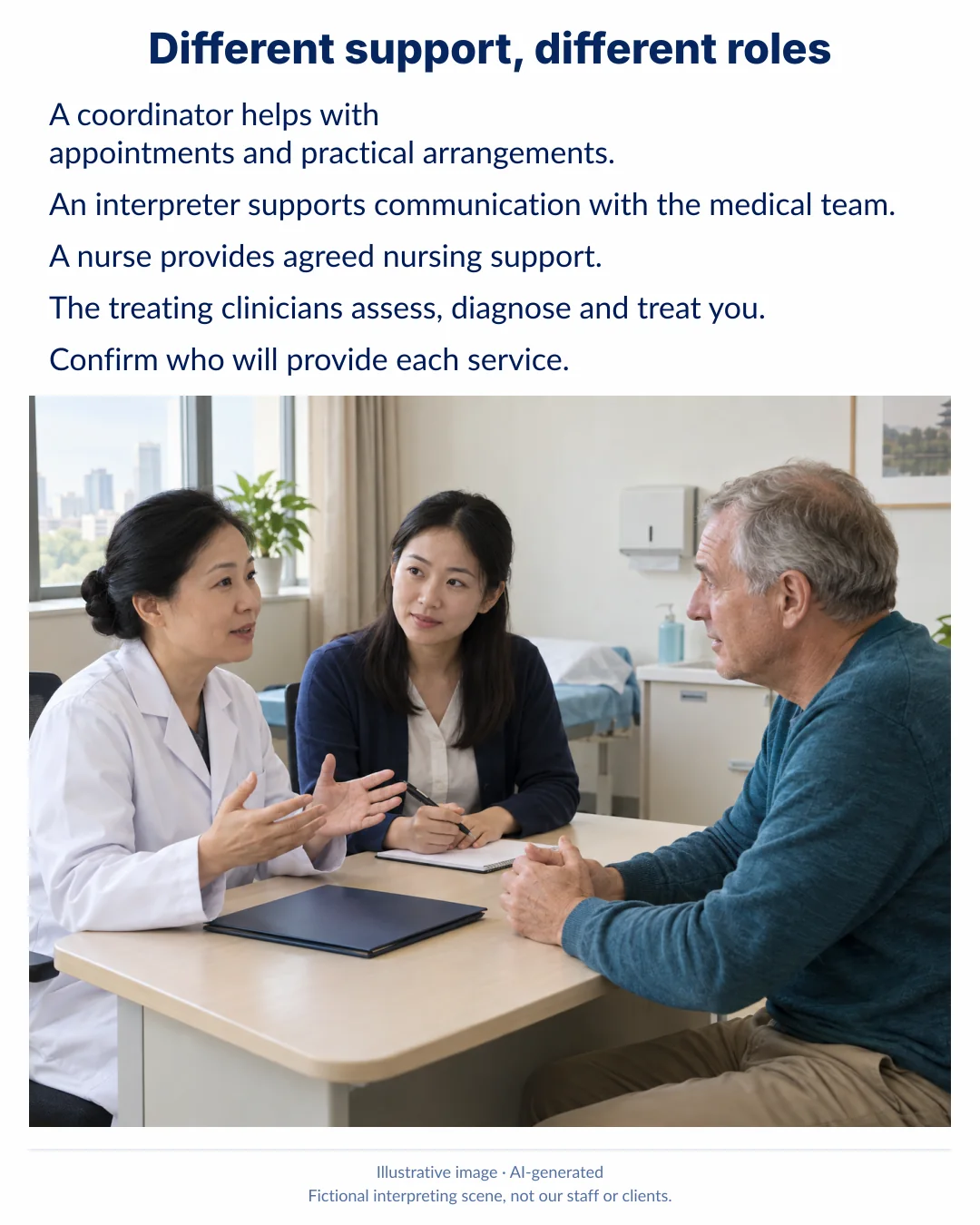 Illustrative scene of a coordinator taking notes as a patient speaks with a doctor.