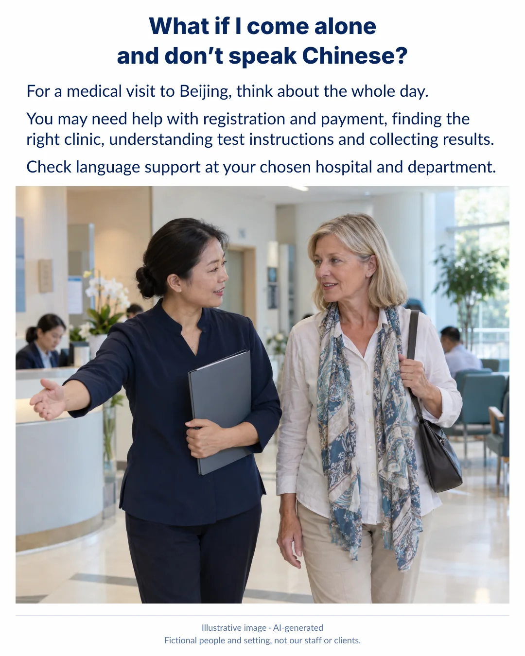 Illustrative scene of a care companion guiding an international patient through a hospital.