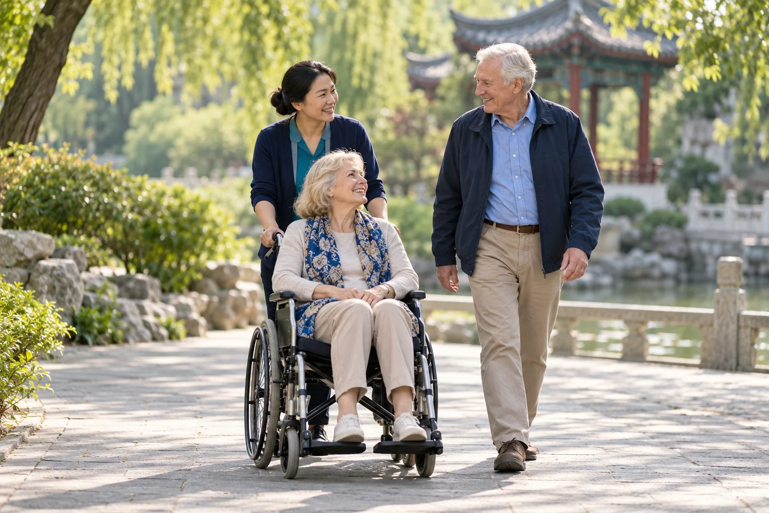 Illustrative scene of a care companion supporting older travellers on an outing in a park.