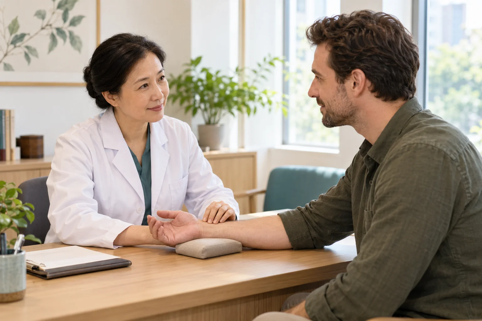 Illustrative scene of a Chinese medicine practitioner assessing a visitor’s wrist pulse in a bright modern consultation room
