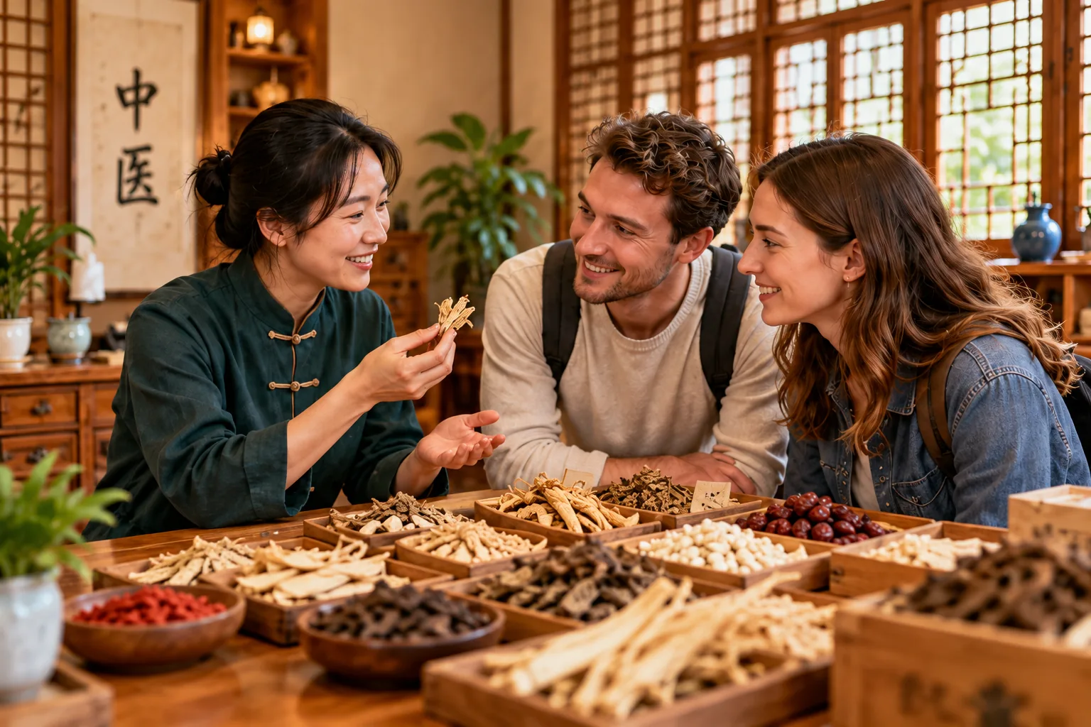 AI illustration of a guide introducing Chinese herbal traditions to two curious visitors