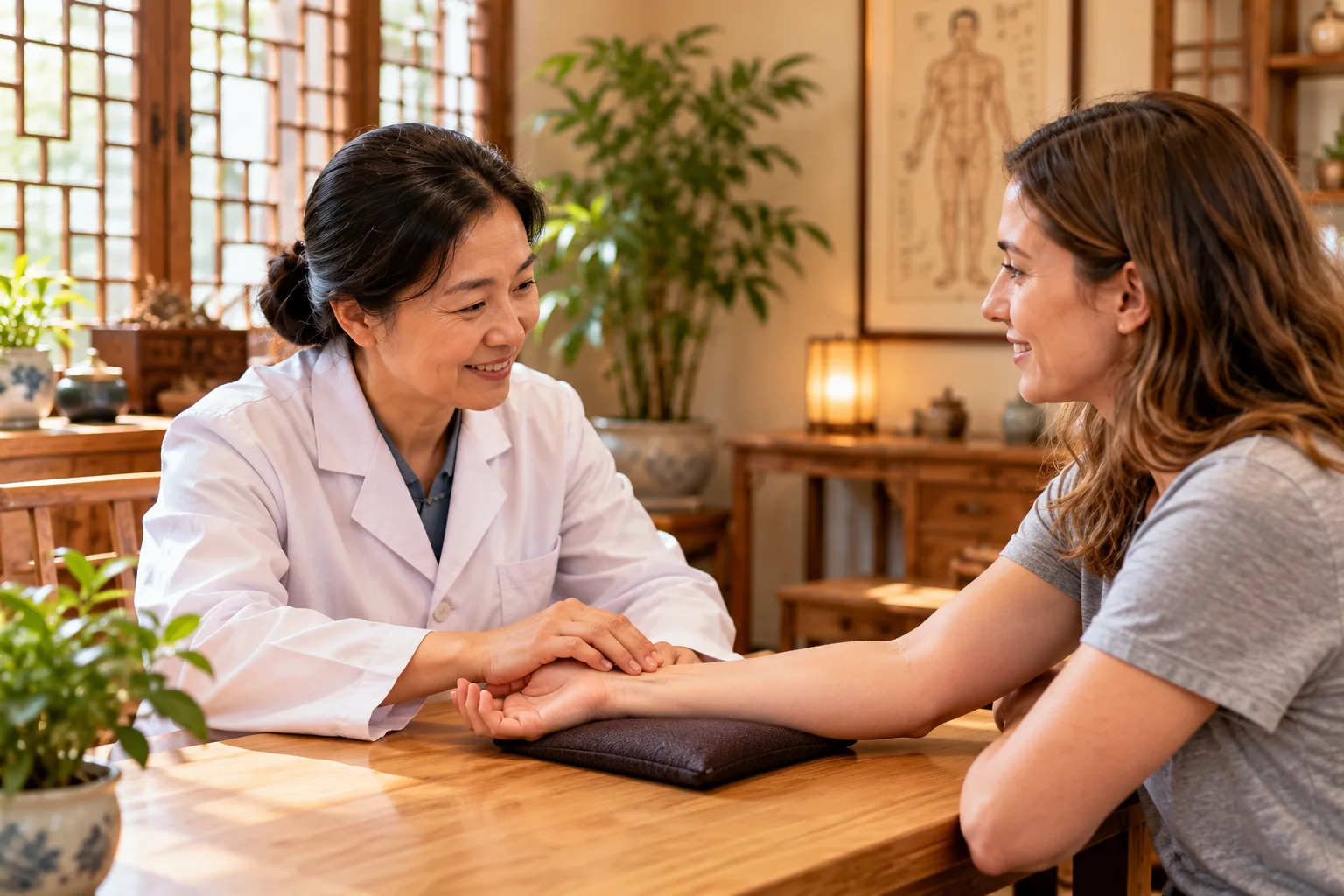 AI illustration of a friendly TCM practitioner checking a visitor’s wrist pulse
