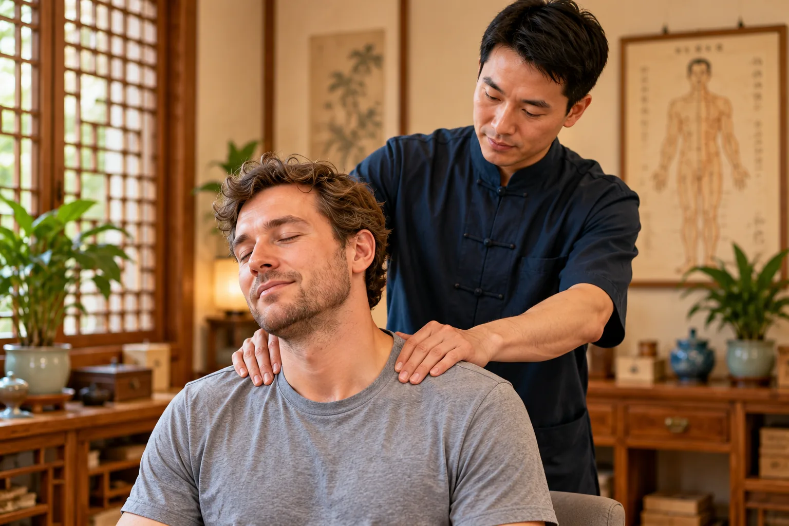 AI illustration of a fully clothed visitor receiving a professional tuina shoulder massage